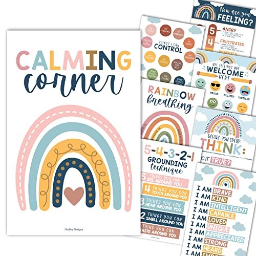 Boho Rainbow Calming Corner Posters | Set of 9 | Classroom Decor