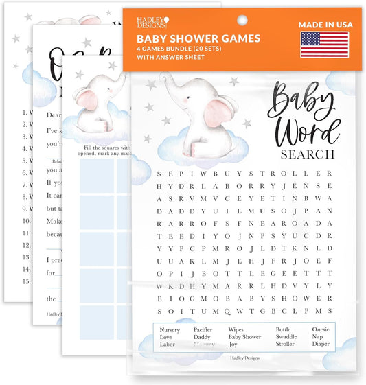 40 Elephant Baby Shower Games Boy - Baby Games For Baby Shower Bingo Games Boy, Who Knows Mommy Best Baby Shower Game, Baby Boy Baby Shower Word Search Game, Advice Cards Baby Shower Mad Libs Game