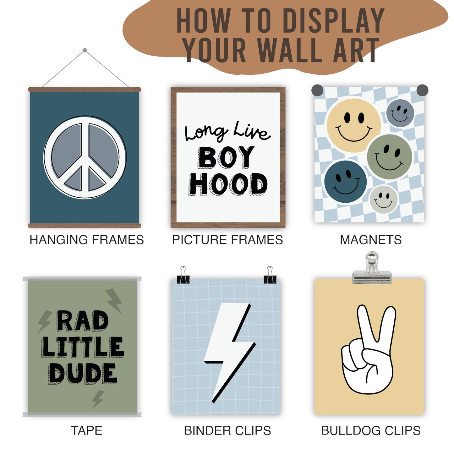 Retro Boy Children's Wall Art | Set of 6 | Home Decor