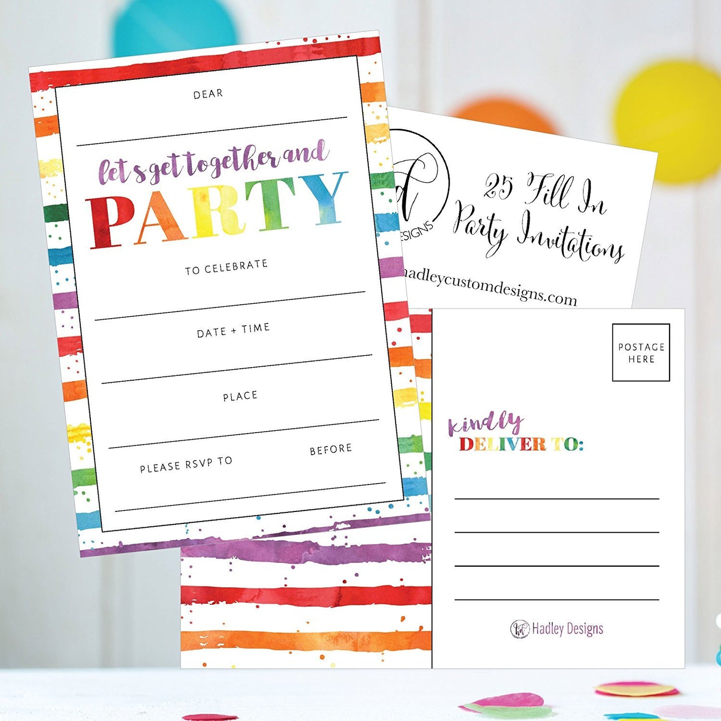 25 Art Stripe Rainbow Party Invitations for Kids, Teens, Adults, Boys & Girls, Blank Children Happy 1st Birthday Invitation Cards, Unique Baby First Bday Invites Toddler 1 2 3 Year Old Invites Fill In