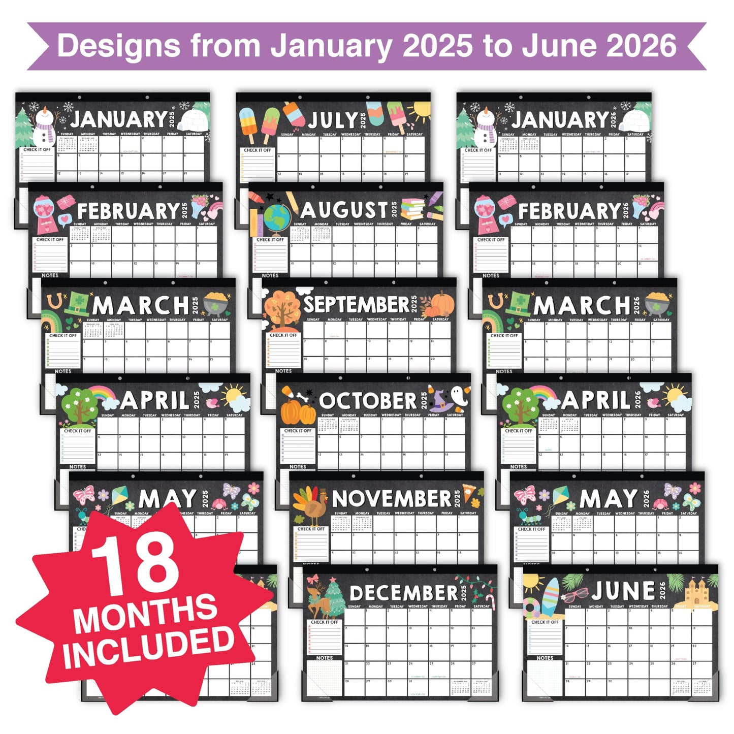 Chalk Doodle Large Desk Calendar | 18-Month | 2025-2026 | Calendars & Planners