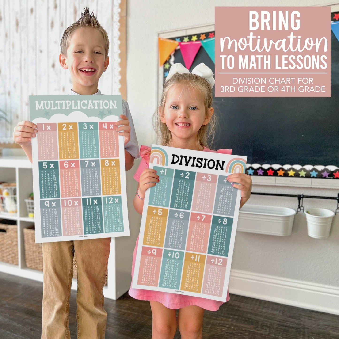 2 Boho Large Multiplication Chart Poster For Wall - Multiplication Table Chart, Multiplication Poster For Kids, Multiplication Charts For Kids, Multiplication Table Poster, Laminated Times Table Chart