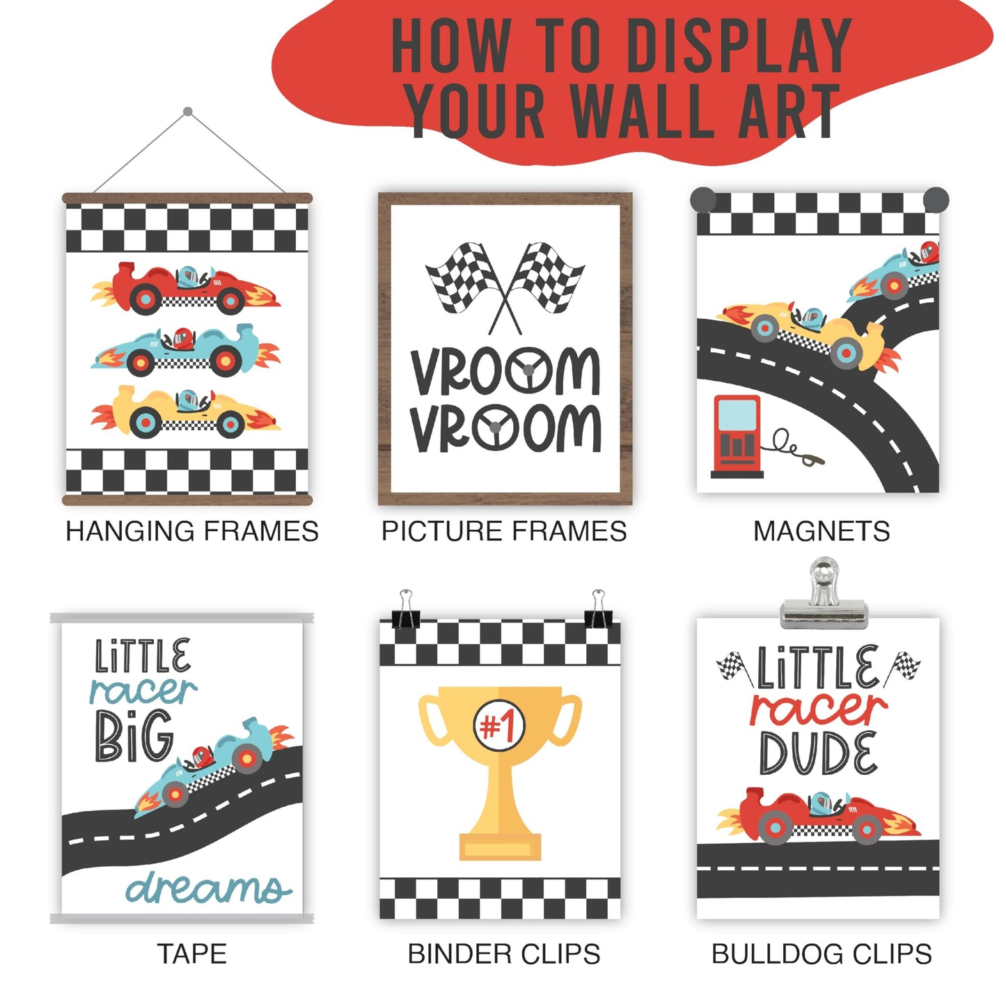 Race Car Children's Wall Art | Set of 6 | Home Decor