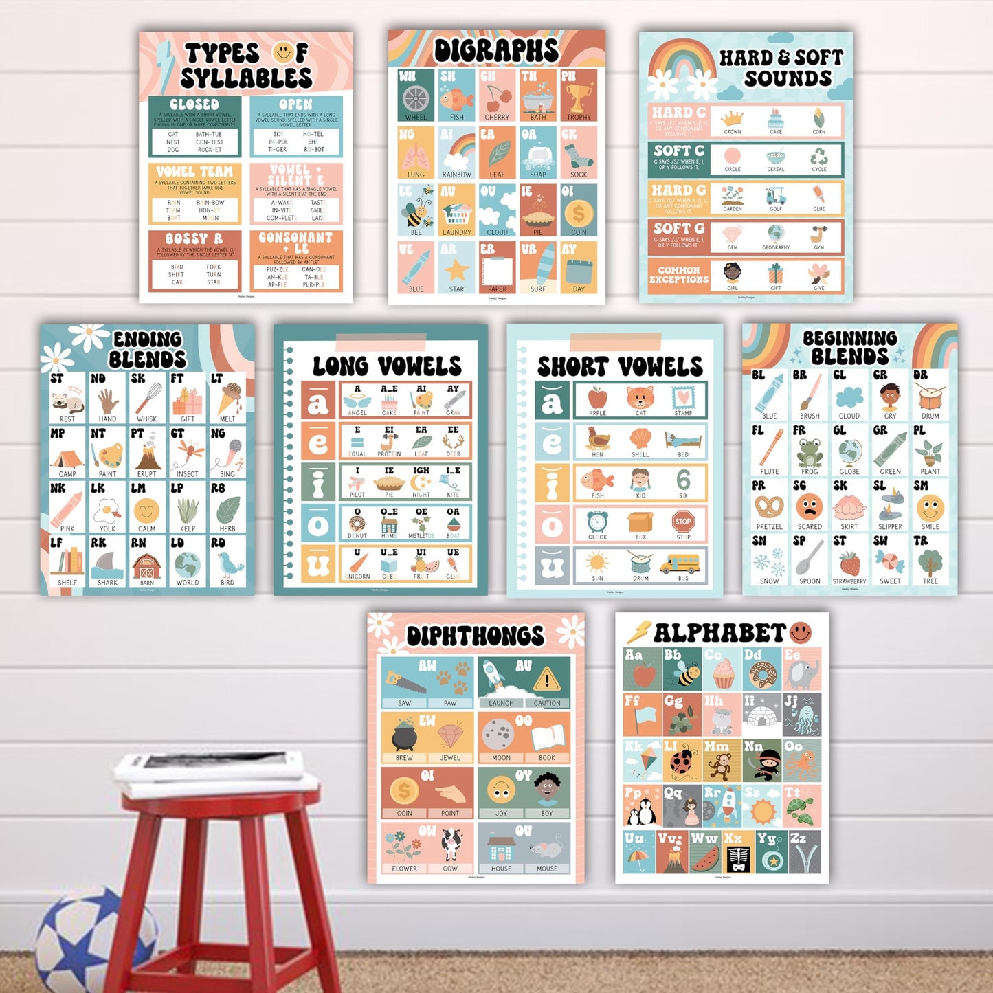 Retro Phonics & Vowel Posters | Set of 9 | Educational Posters