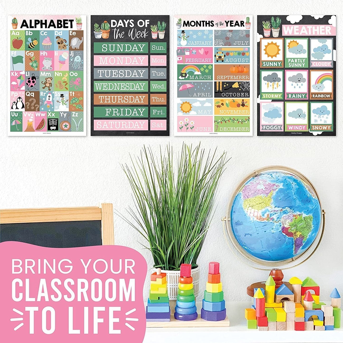 Cactus ABC, Days, Months, & Weather Prek Posters | Set of 4 | Educational Posters