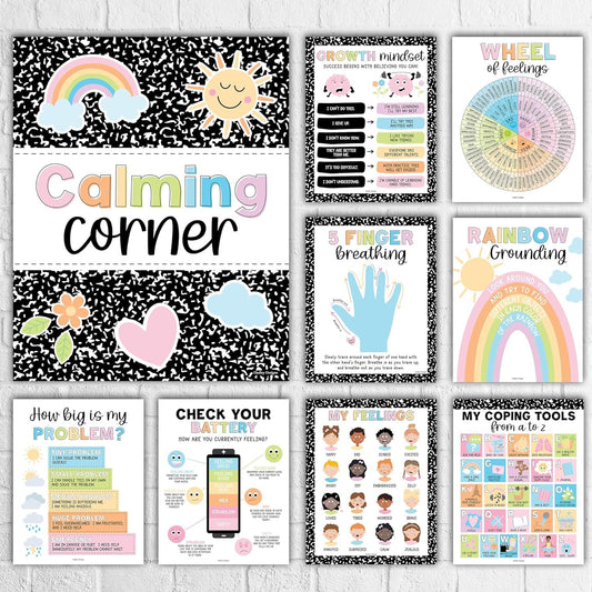 Composition Notebook Calming Corner Posters | Set of 9 | Classroom Decor