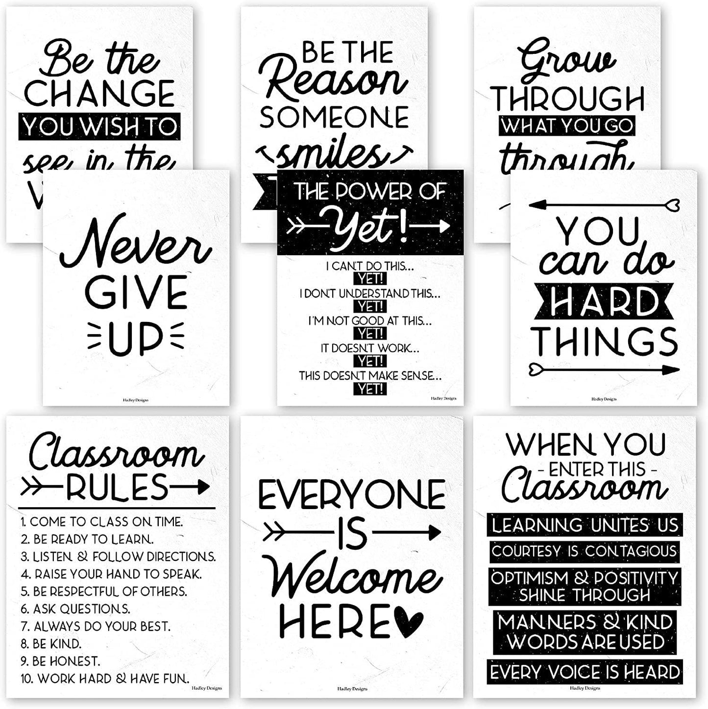 Black & White Classroom Motivational Posters | Set of 9 | Educational Supplies