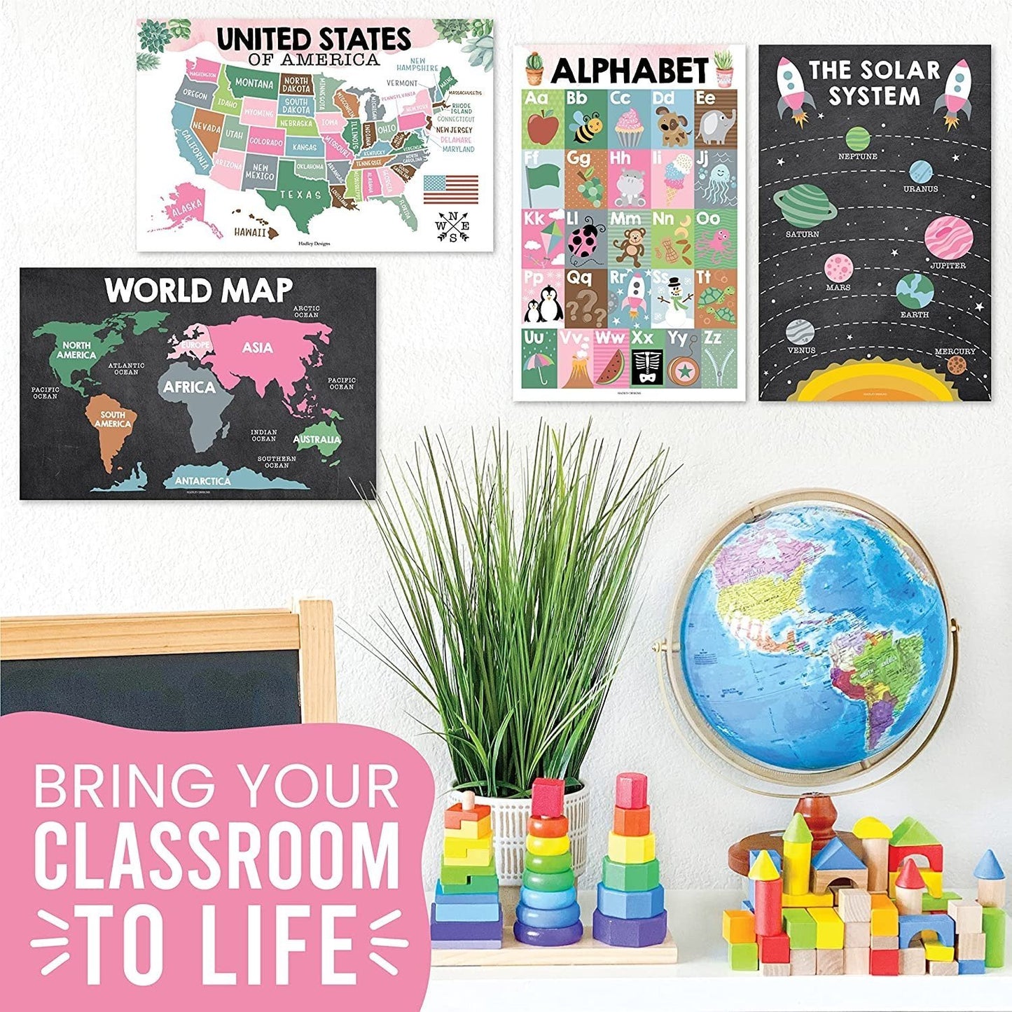 Cactus ABC, US Map, World Map, Solar System  Posters | Set of 4 | PreK Educational Posters