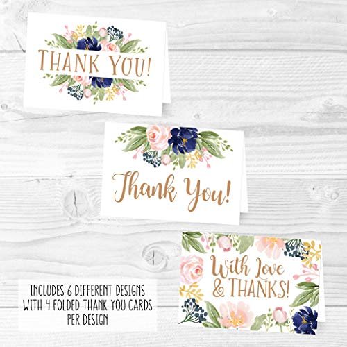 Navy Floral Folded Thank You Cards | Set of 24 | General