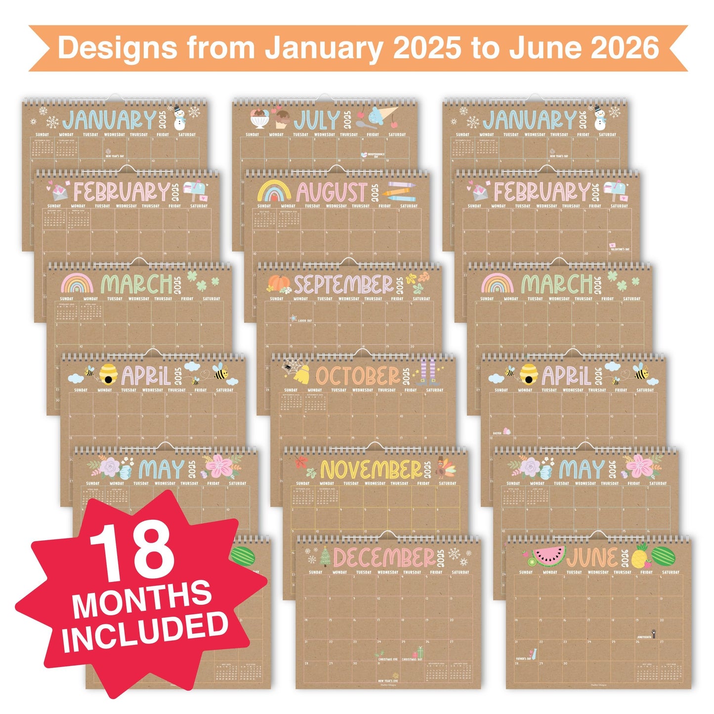 Doodle Kraft Large Wall Calendar | 2025-2026 | 18 Month | Home & Office