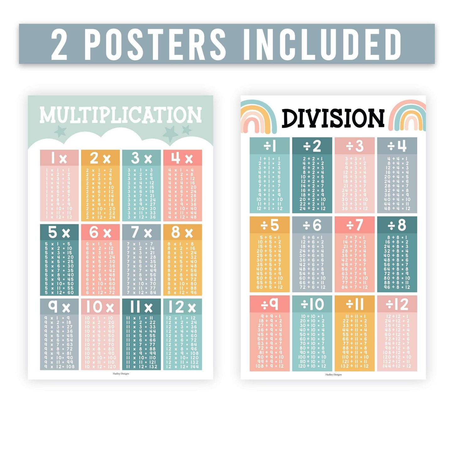 2 Boho Large Multiplication Chart Poster For Wall - Multiplication Table Chart, Multiplication Poster For Kids, Multiplication Charts For Kids, Multiplication Table Poster, Laminated Times Table Chart