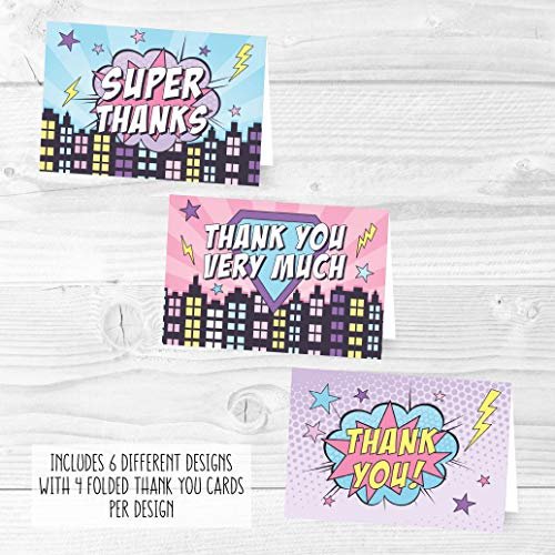 Pink Superhero Folded Thank You Cards | Set of 24 | Kid's Party