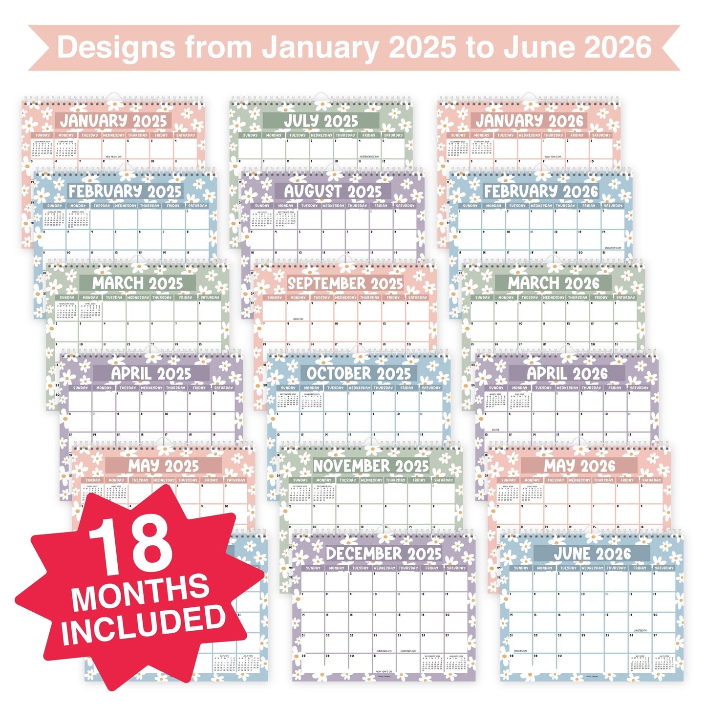 Daisy Large Wall Calendar | 2025-2026 | 18 Month | Home & Office