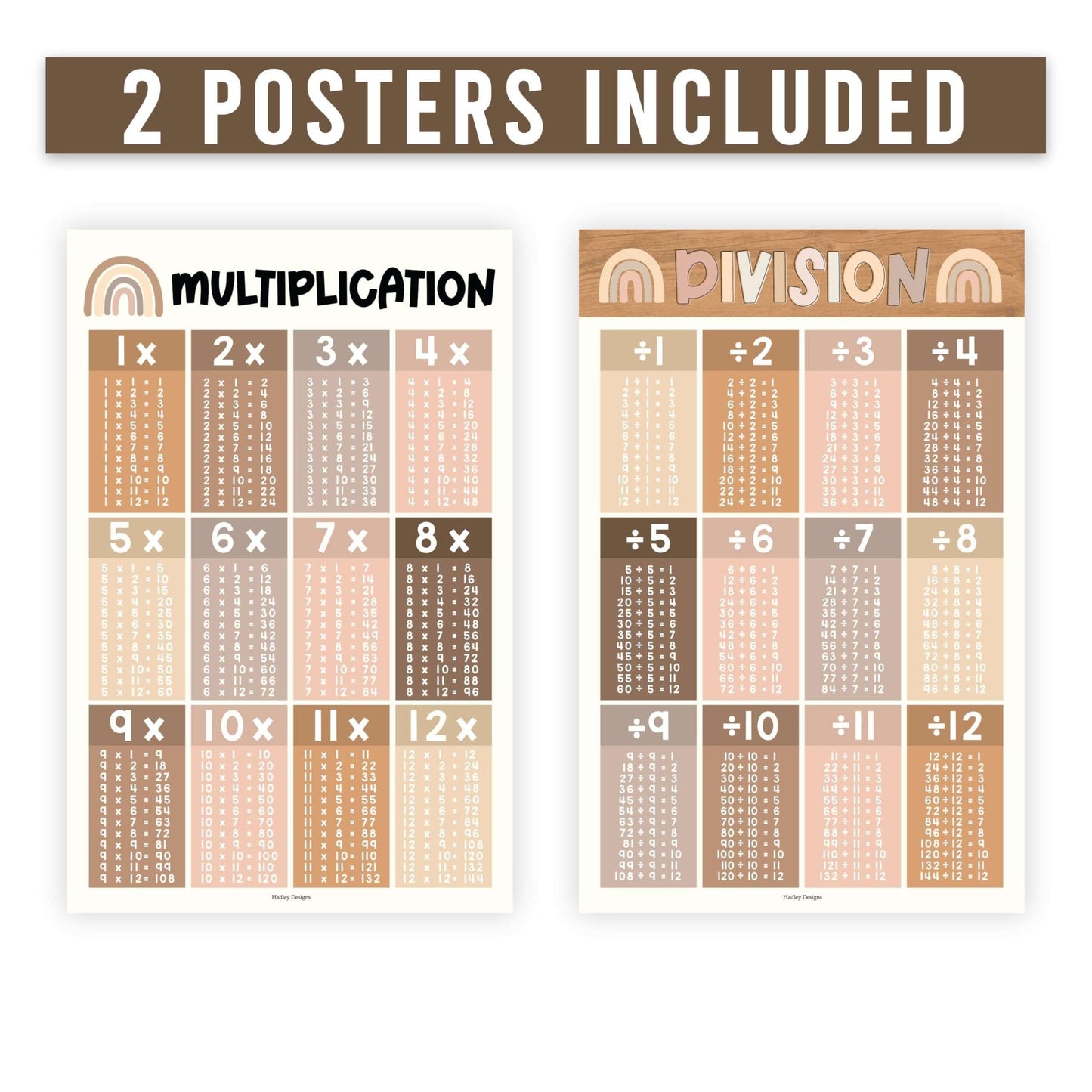 Boho Neutral Large Multiplication & Divison Posters | Set of 2| Educational Posters