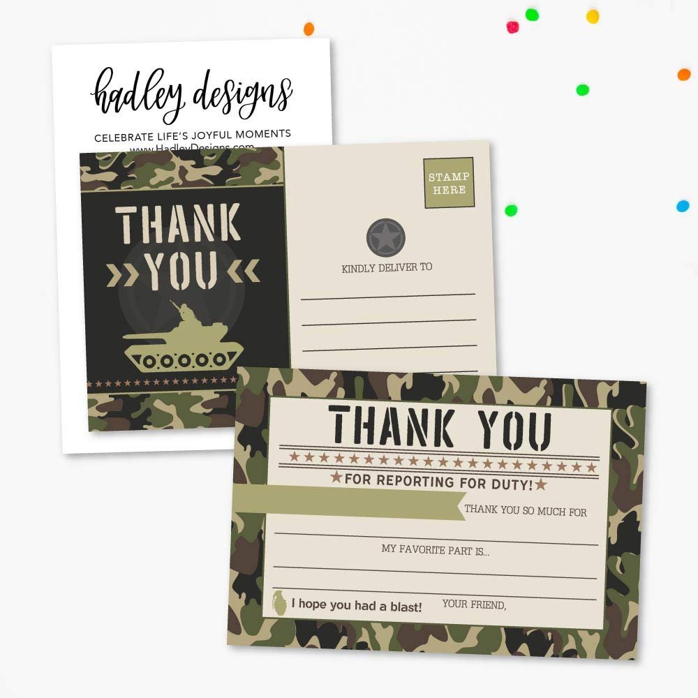 25 Camo Army Party Fill In The Blank Kids Camouflage Thank You Cards, Military War Guns Themed Scavenger Hunt Bday Party Notes, Hunting Adult or Children Birthday, Marine Supplies, Grenade Ideas