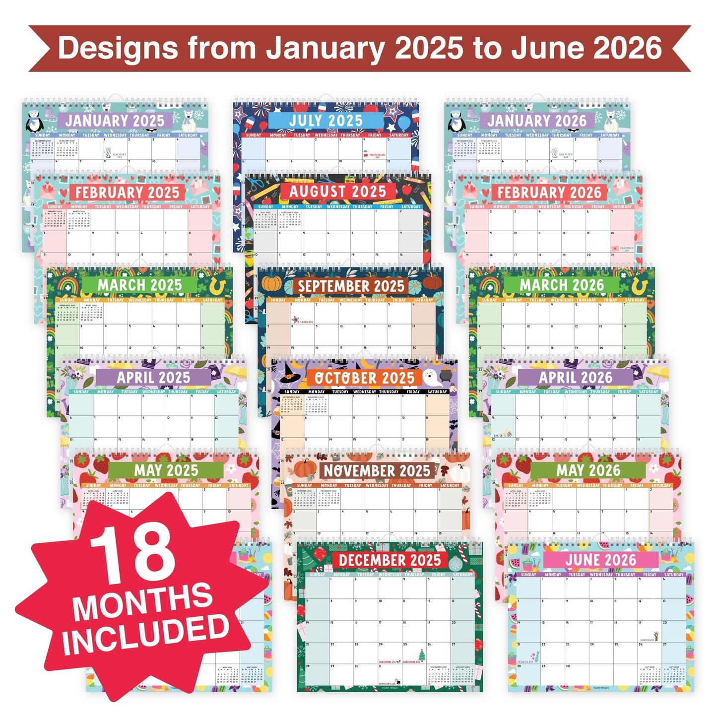 Doodle 2 Large Wall Calendar | 2025-2026 | 18 Month | Home & Office