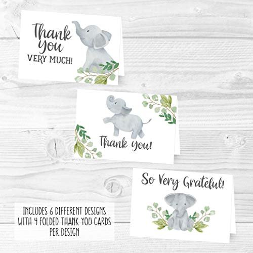 Greenery Elephant Folded Thank You Cards | Set of 24 | Baby Shower