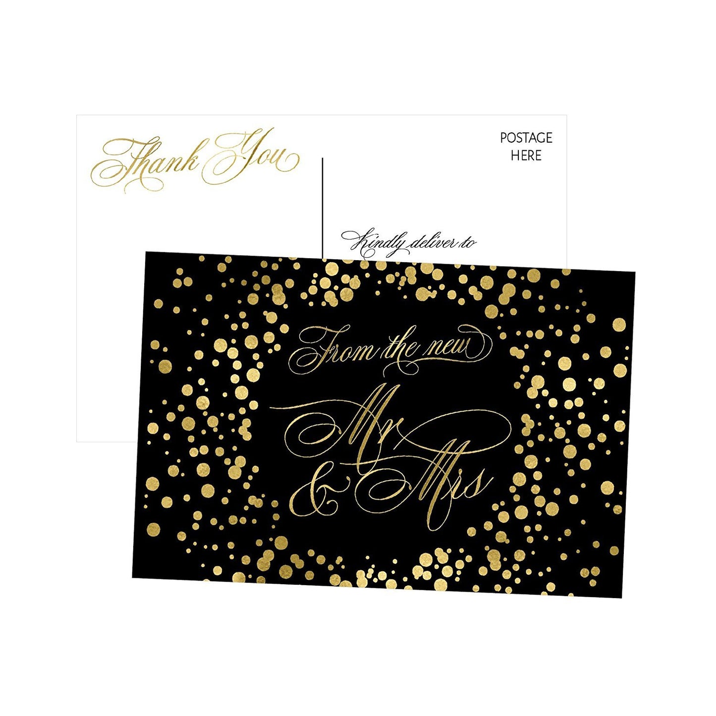 50 4x6 Black & Gold Modern Thank You Postcards Bulk, Cute Blank Thank You Cards From The New Mr. and Mrs. Thanks Note Card Stationery Set For Wedding Gifts, Bridesmaid, Bridal Shower, Engagement Party