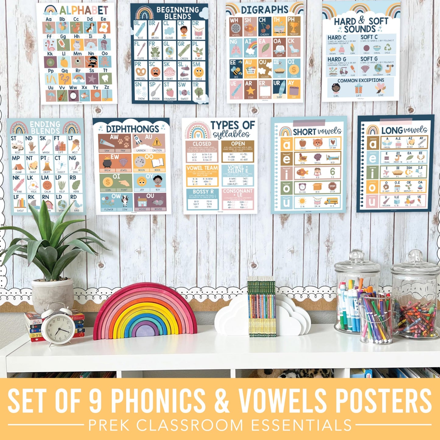 9 Boho Sound Wall Classroom Phonics Posters For Classroom Wall - Sound Wall Phonics Chart 1st Grade, Sound Wall Chart, 6 Syllable Types Posters For Classroom, Consonant Blends And Digraphs Posters