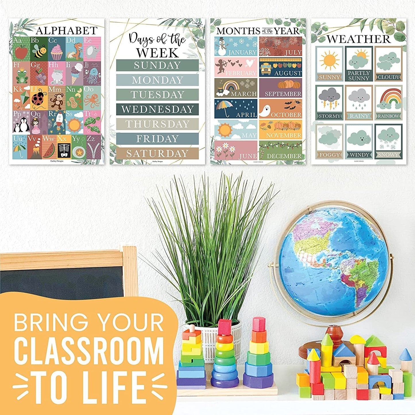 Greenery ABC, Days, Months, & Weather Prek Posters | Set of 4 | Educational Posters