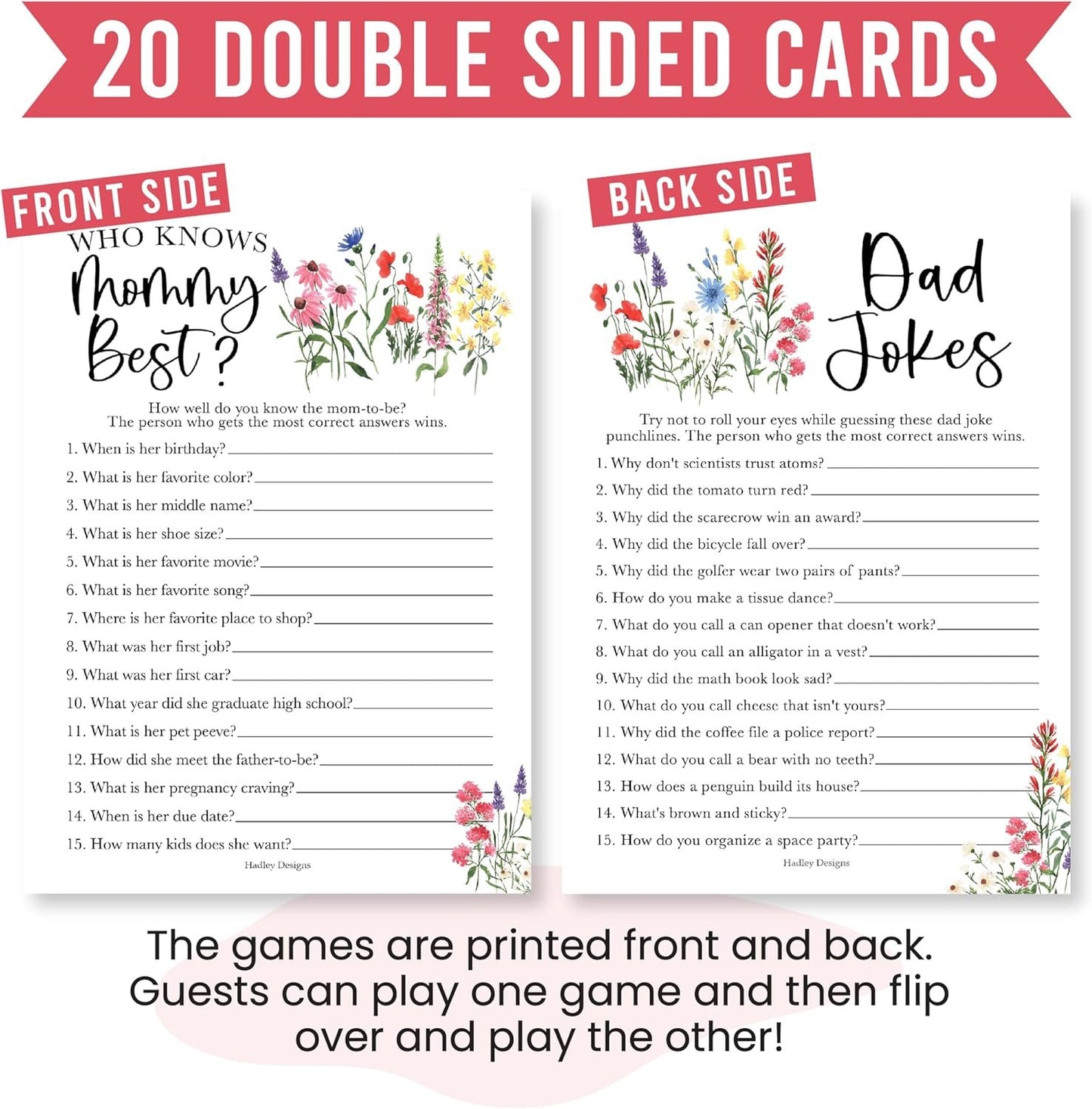 20 Floral Baby Shower Games for Girl - Hilarious Baby Shower Games Girl, Who Knows Mommy Best Baby Shower Game Card, Baby Games for Baby Shower Games Dad Jokes, Baby Girl Baby Shower Games Funny