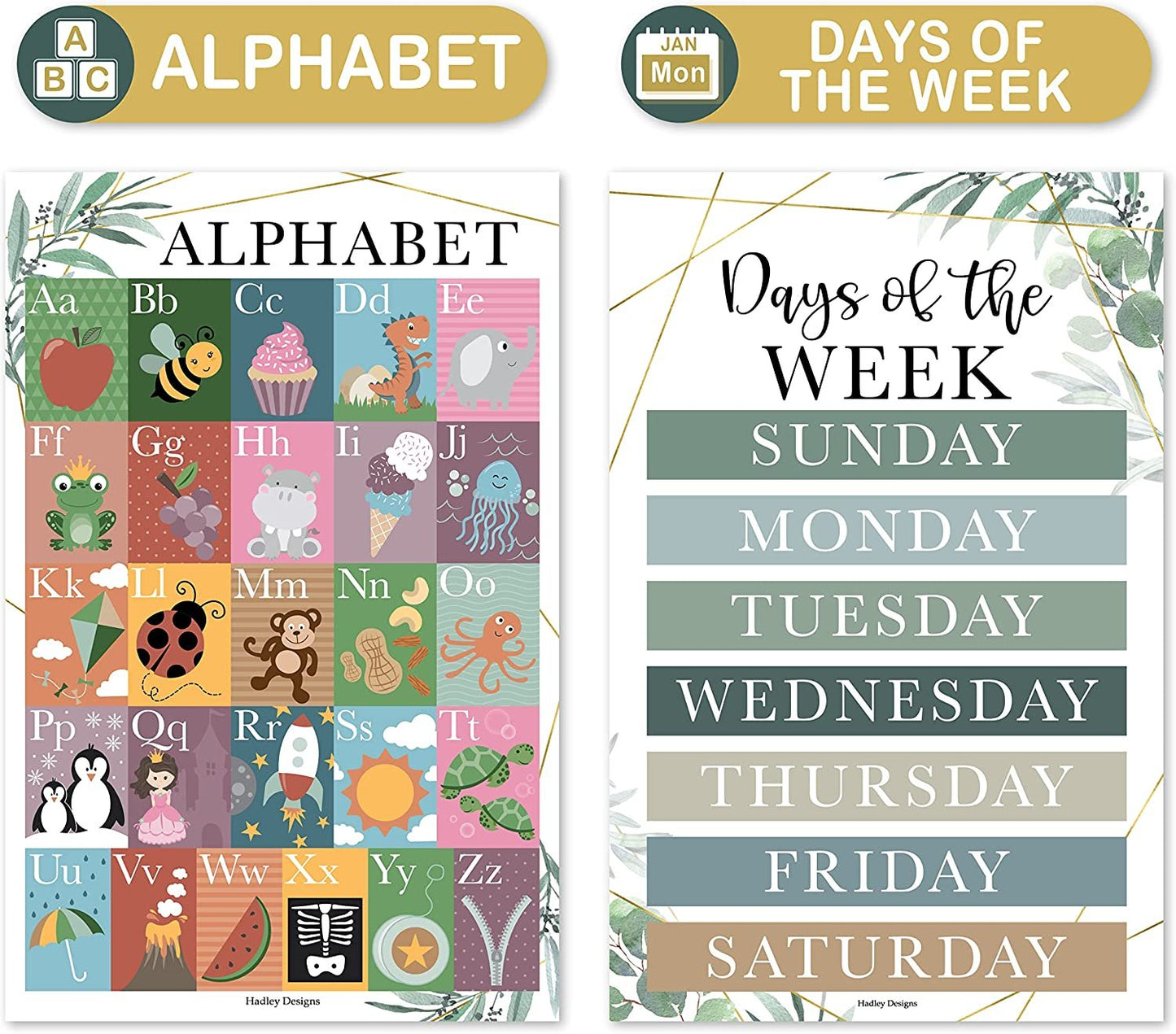 4 Greenery Kids Educational Posters For Toddlers - Alphabet Poster For Toddlers, Days Of The Week For Kids, Months Of The Year For Classroom Decorations For Teachers, Kindergarten Homeschool Supplies