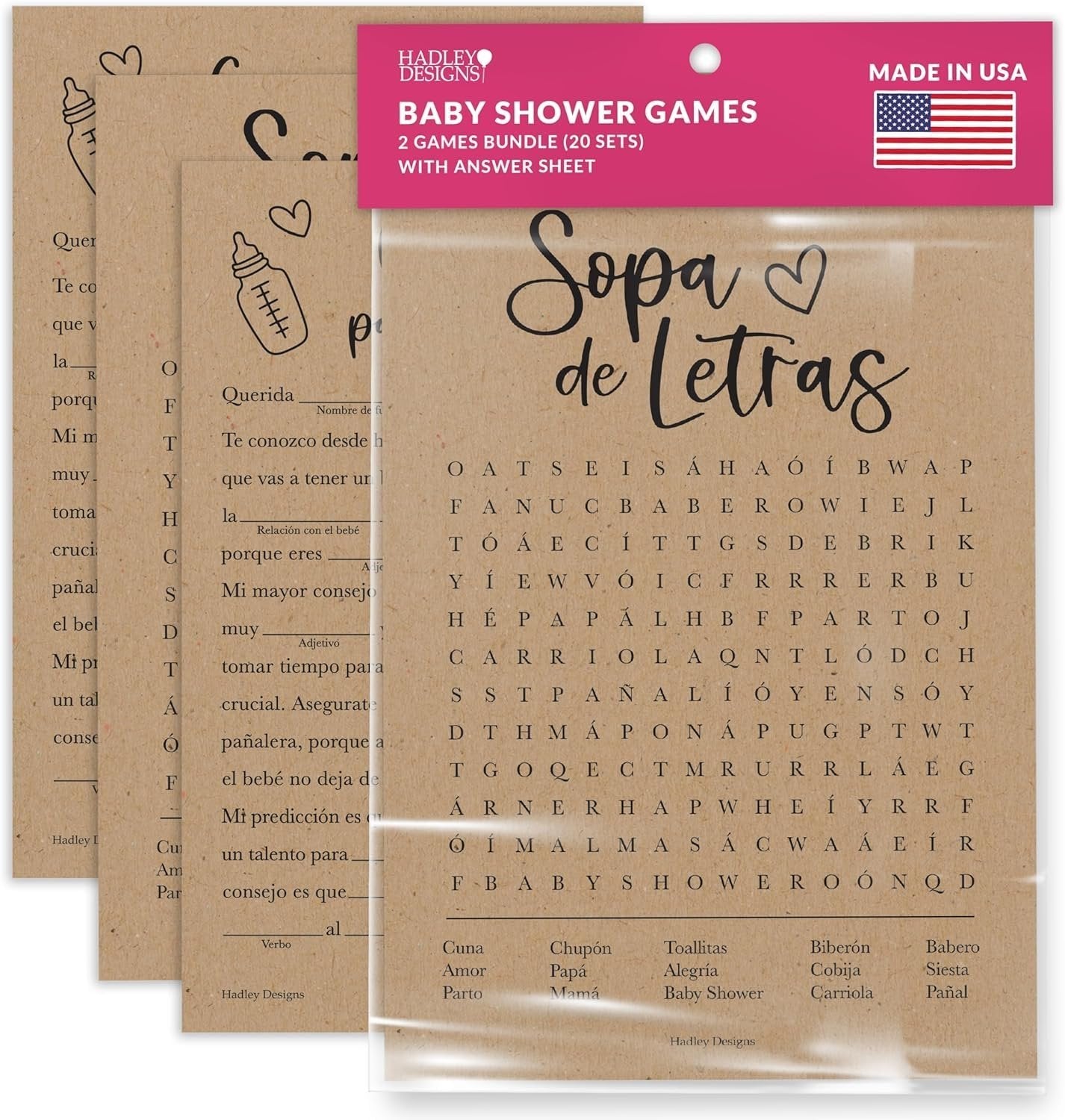 Word Search & Mad Libs | Set of 20 | Spanish Baby Shower Games