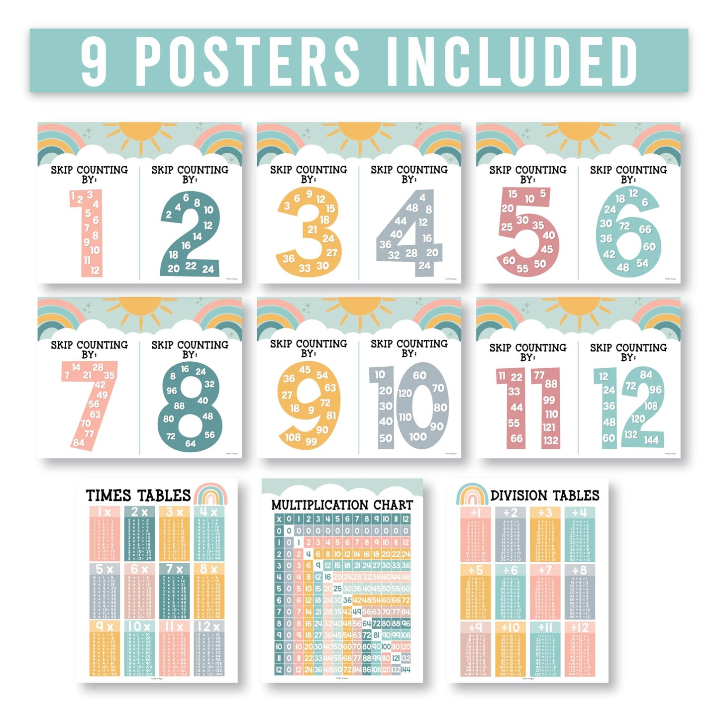 9 Boho Multiplication Chart Poster For Wall - Multiplication Poster For Kids, Multiplication Table Charts, Kids Multiplication Table Poster, Kids Multiplication Table Poster, 5th Grade Math Posters