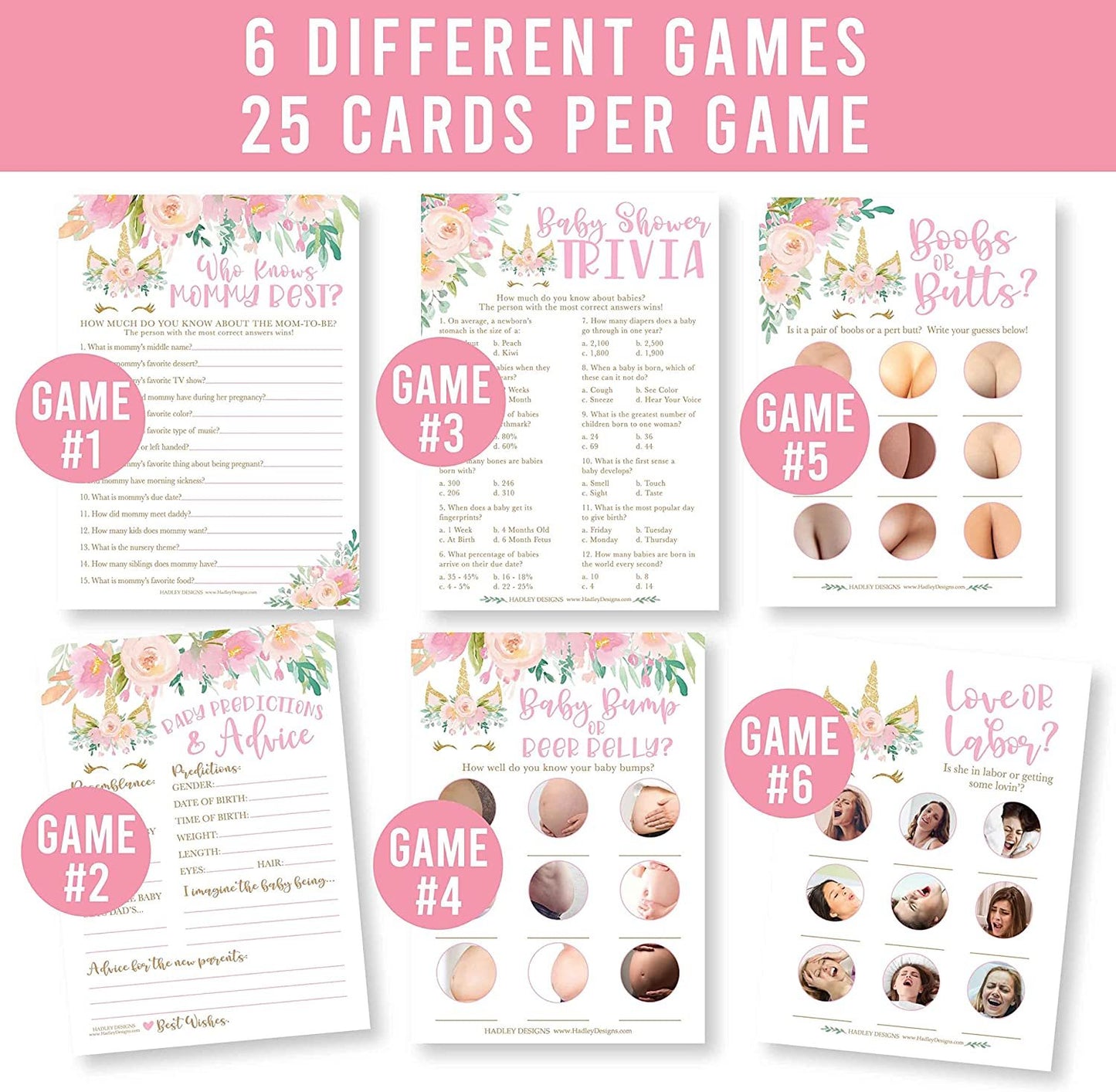 75 Unicorn Baby Shower Games For Girls - 6 Games Double Sided, Who Knows Mommy Best Baby Shower Game Funny, Love or Labor, Beer Belly, Baby Trivia, Baby Prediction And Advice Cards etc