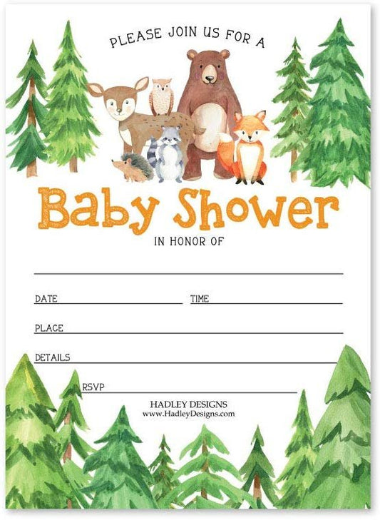 25 Woodland Animals Baby Shower Invitations, Sprinkle Invite for Boy or Girl, Coed Rustic Gender Reveal Neutral Theme, Cute Deer Bunny Fox Fill Write in Blank Printable Card, Bear Party DIY Supplies