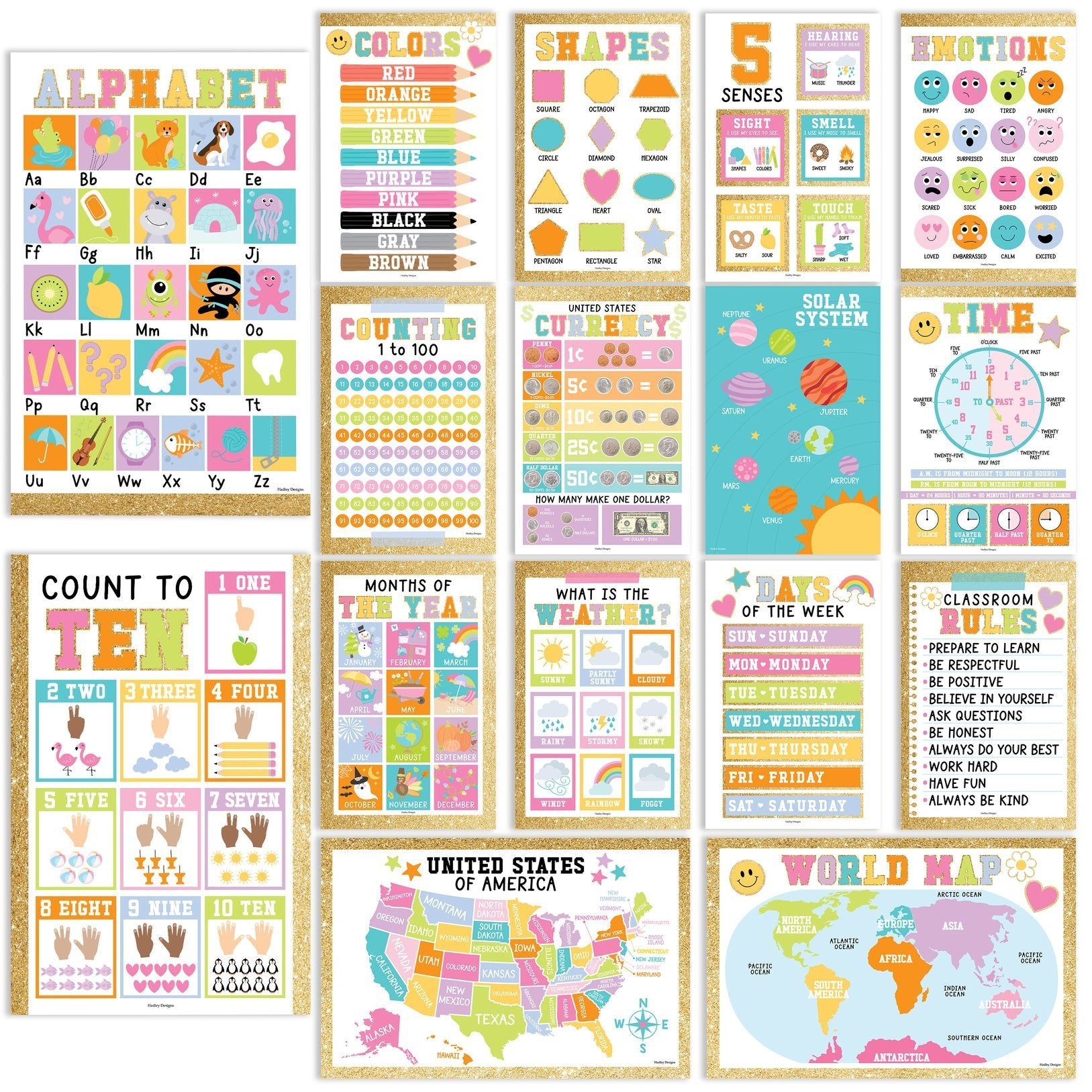 PreK Educational Posters | Set of 16 | Classroom Supplies
