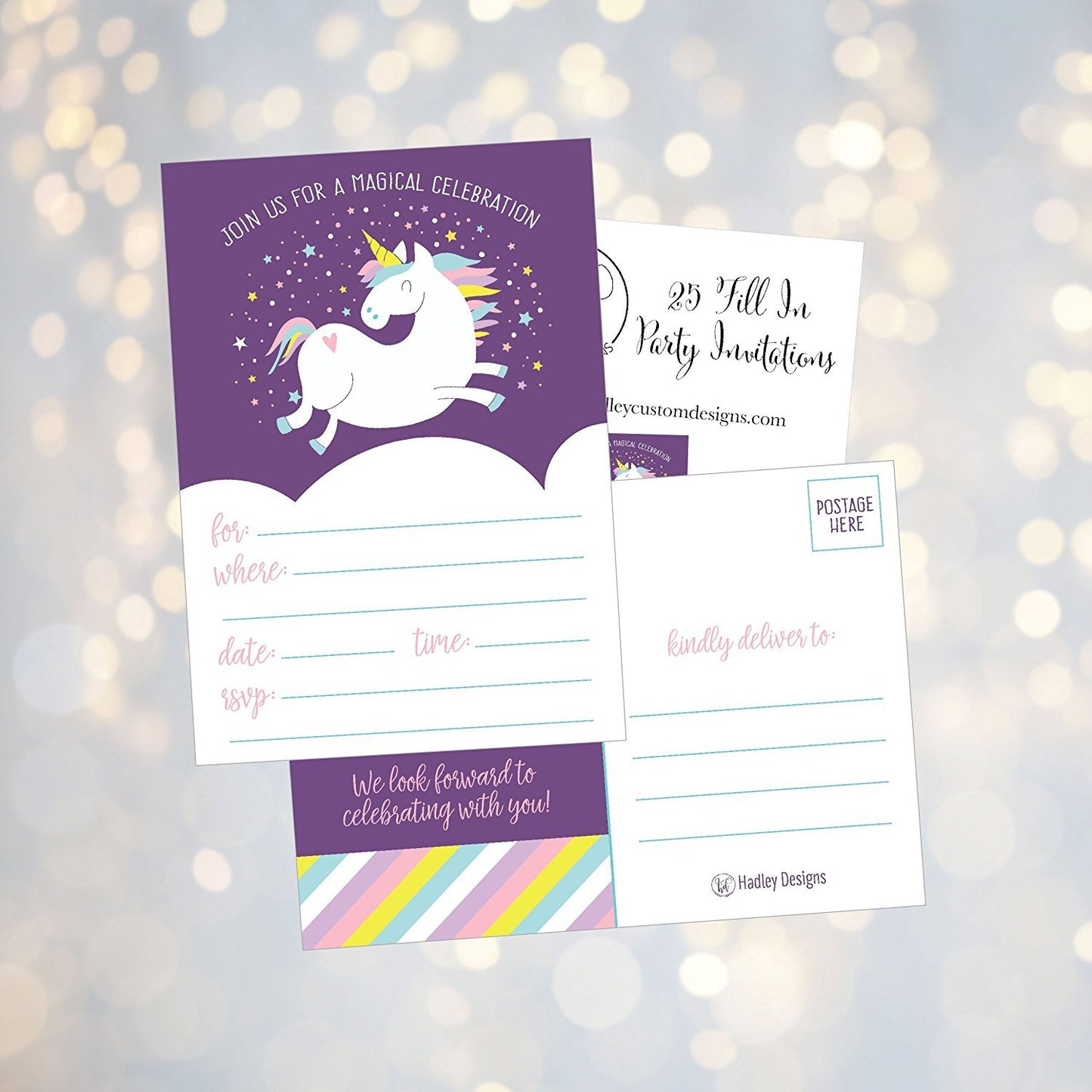 25 Unicorn Rainbow Party Invitations for Kids, Teens, Adults, Boys & Girls, Blank Children Happy 1st Birthday Invitation Cards, Unique Baby First Bday Invites, Toddler 1 2 3 year old rsvp Invites