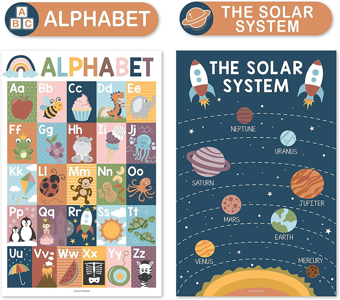 4 Boho Pre K Learning Posters For Toddlers 1-3 - ABC Poster For Toddlers Wall, Solar System Poster For Kids Maps, Preschool Classroom Map Of The World Poster, Kindergarten Homeschool Supplies