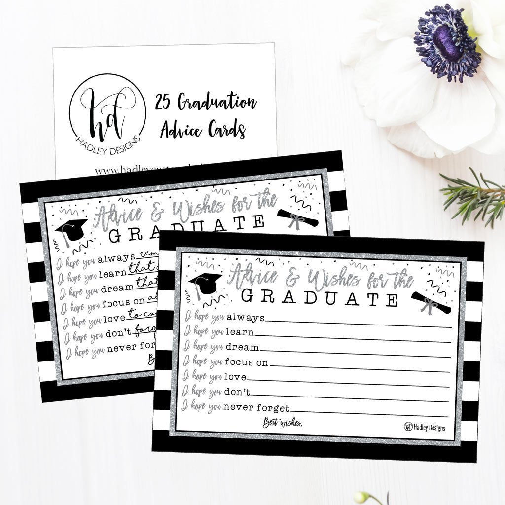 25 Silver Graduation Advice Words of Wisdom Cards For Graduate Class of 2018 College, High School, University Grad, Funny Black and Gold Party Games, Presents, Activities Keepsakes for 4x6 photo album