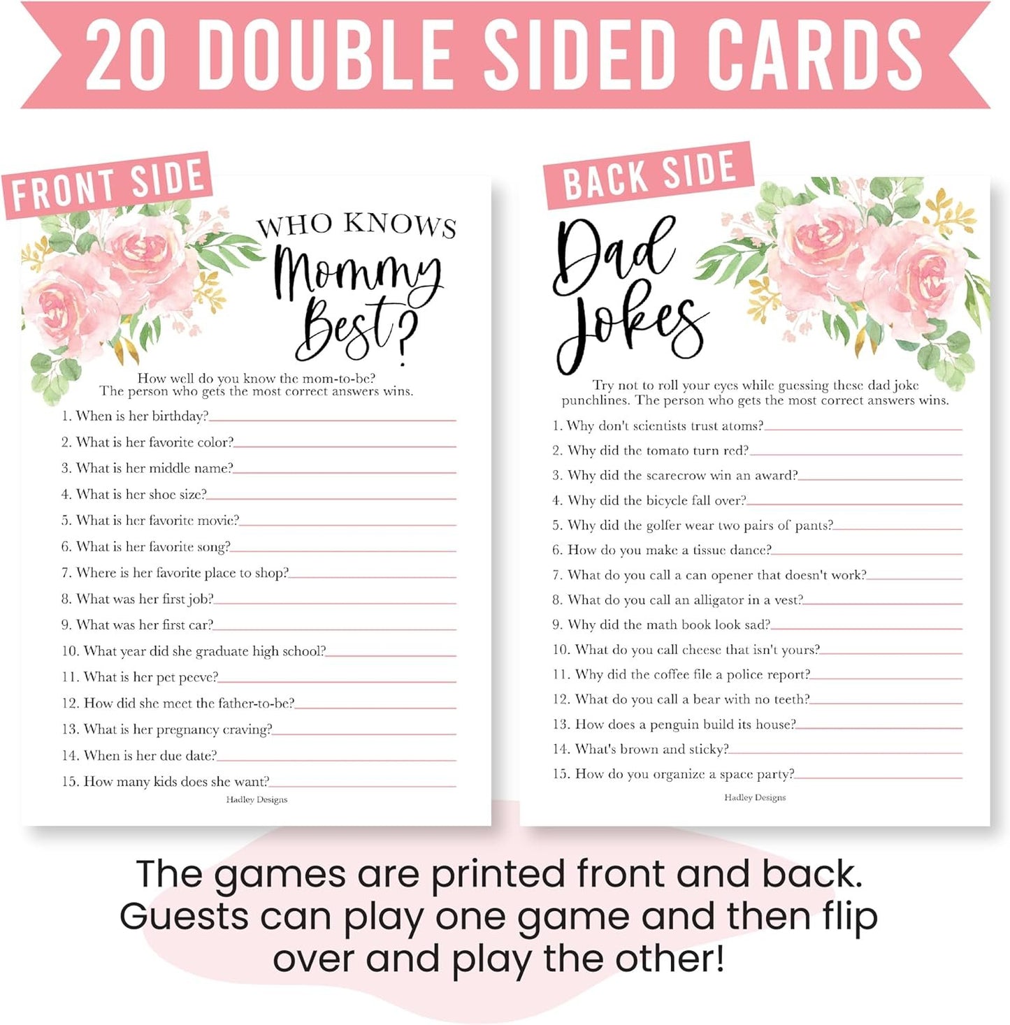 20 Floral Baby Shower Games for Girl - Hilarious Baby Shower Games Girl, Who Knows Mommy Best Baby Shower Game Card, Baby Games for Baby Shower Games Dad Jokes, Baby Girl Baby Shower Games Funny