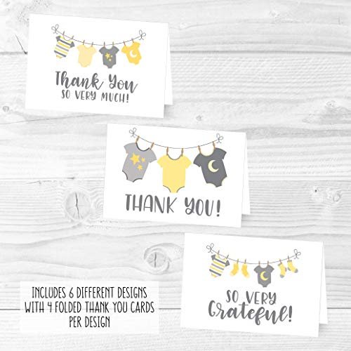 Yellow Clothesline Folded Thank You Cards | Set of 24 | Baby Shower