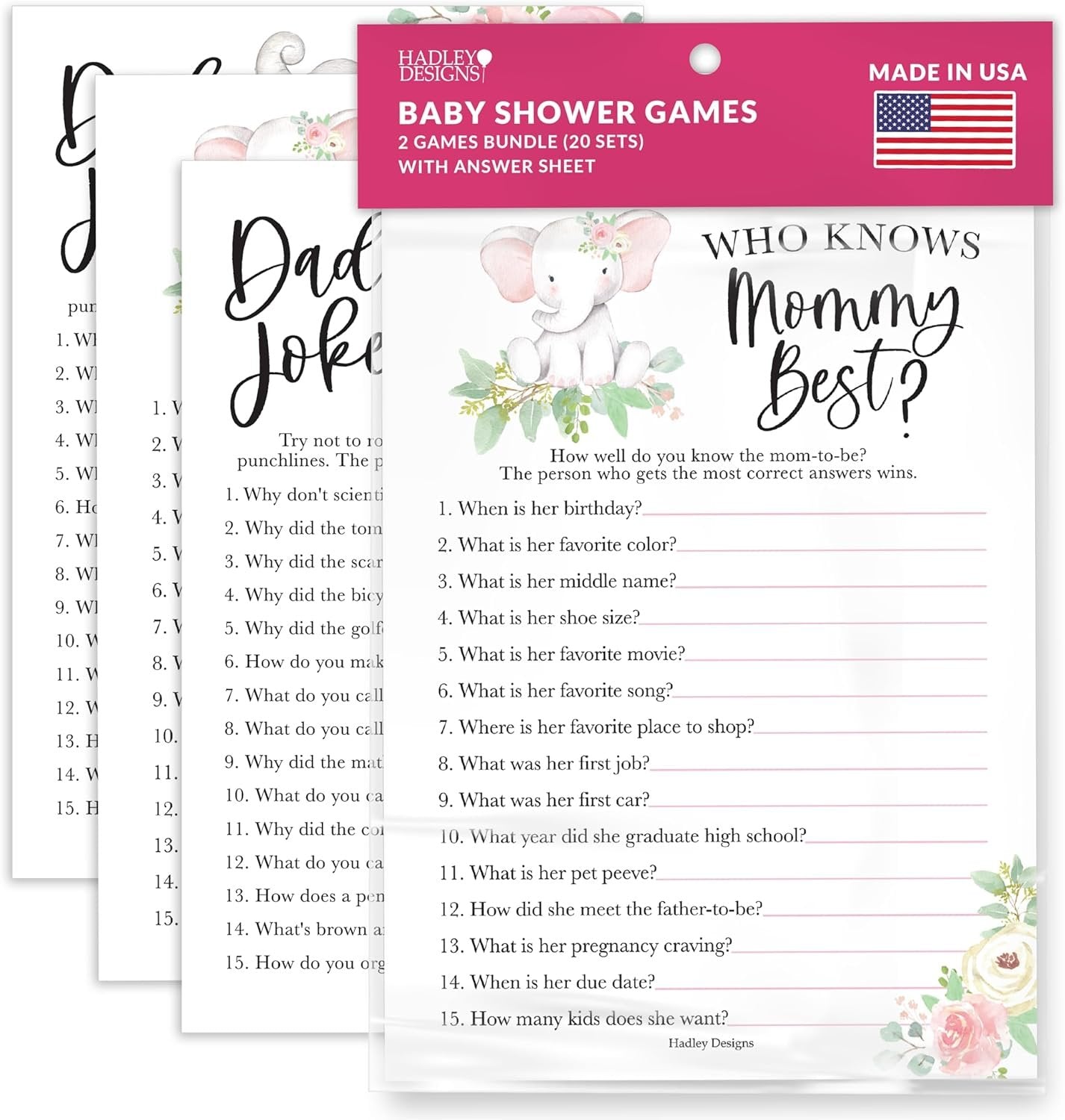 20 Elephant Baby Shower Games for Girl - Hilarious Baby Shower Games Girl, Who Knows Mommy Best Baby Shower Game Card, Baby Games for Baby Shower Games Dad Jokes, Baby Girl Baby Shower Games Funny