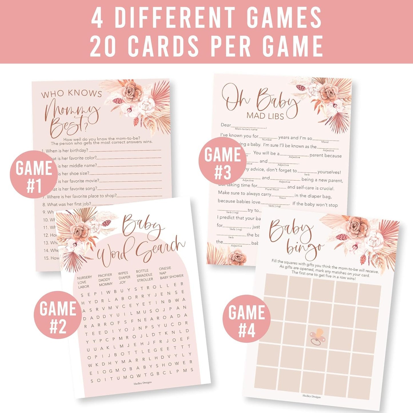 40 Boho Baby Shower Games For Girl - Baby Games For Baby Shower Bingo Game Girl, Who Knows Mommy Best Baby Shower Game, Baby Girl Baby Shower Word Search Game, Advice Cards Baby Shower Mad Libs Game