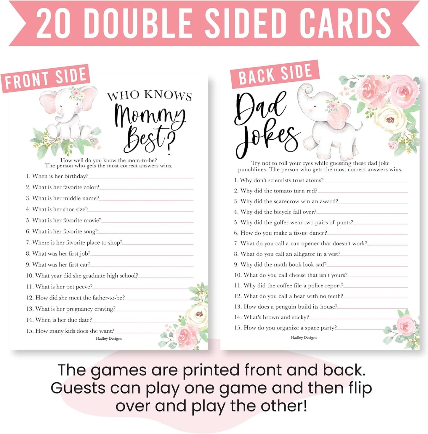 20 Elephant Baby Shower Games for Girl - Hilarious Baby Shower Games Girl, Who Knows Mommy Best Baby Shower Game Card, Baby Games for Baby Shower Games Dad Jokes, Baby Girl Baby Shower Games Funny