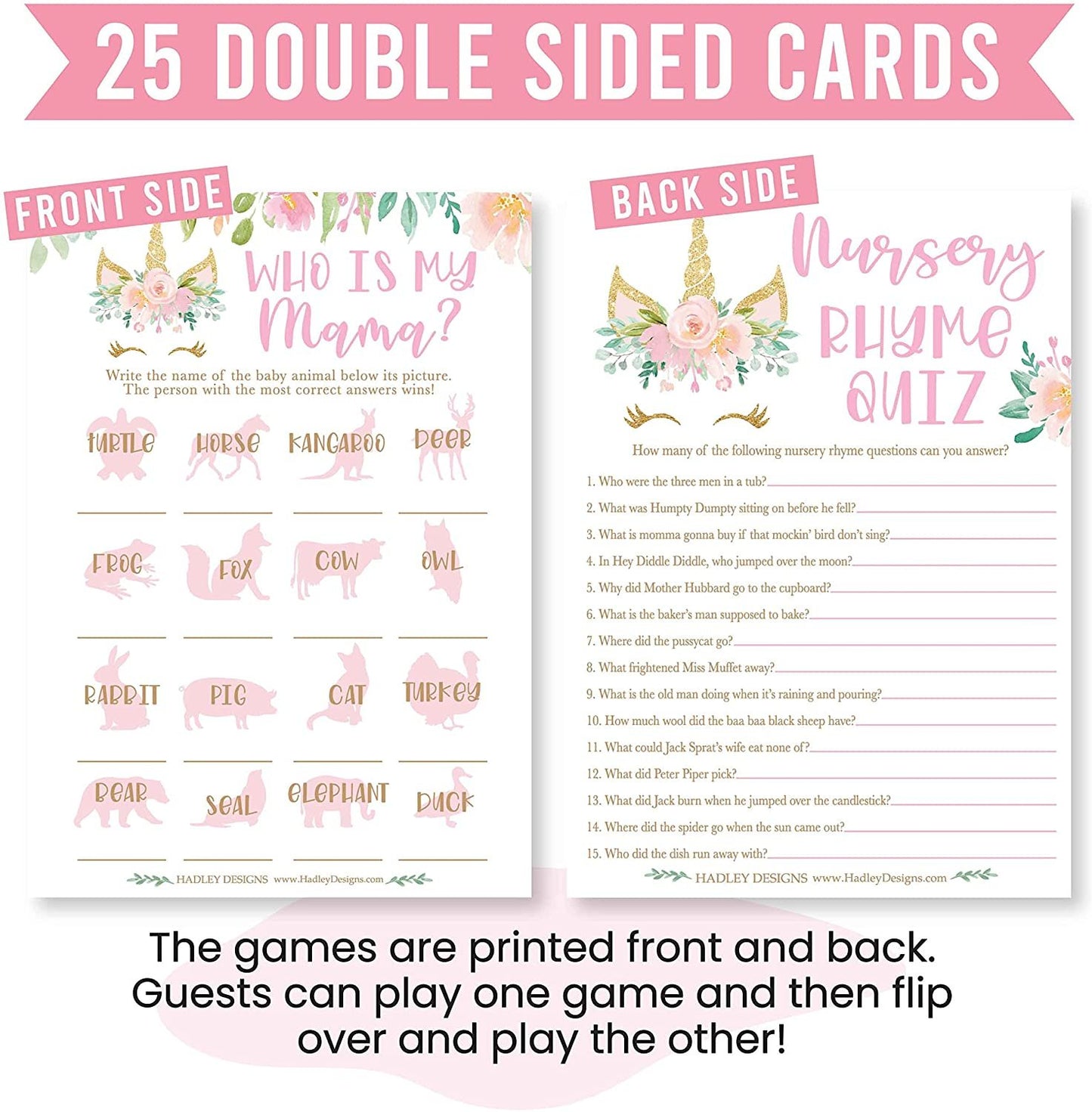 Unicorn Baby Shower Games For Girls - 2 Games Double Sided, 25 Baby Animal Matching Baby Shower, 25 Nursery Rhyme Baby Shower Game, Fun Baby Shower Games, Baby Shower Party Supplies