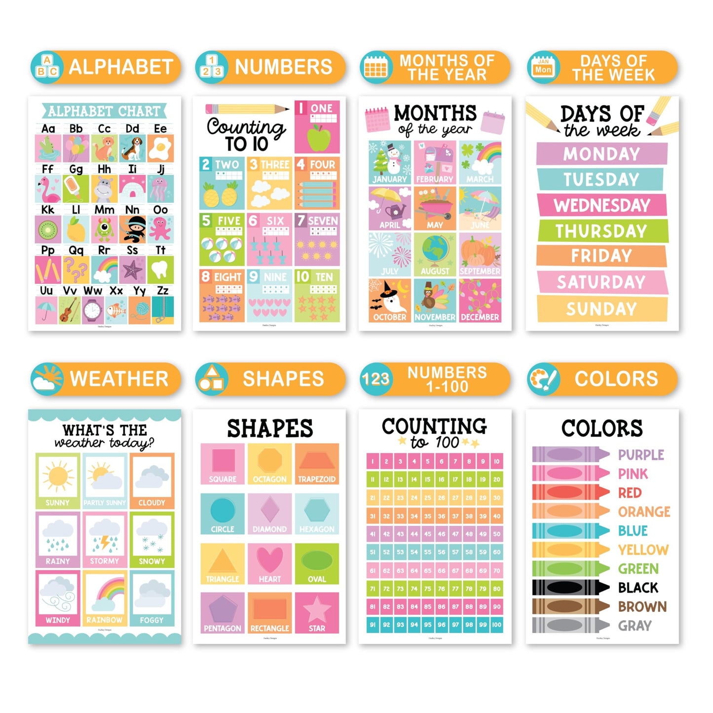 Colorful Pastel Educational Posters | Set of 16 | Classroom Supplies