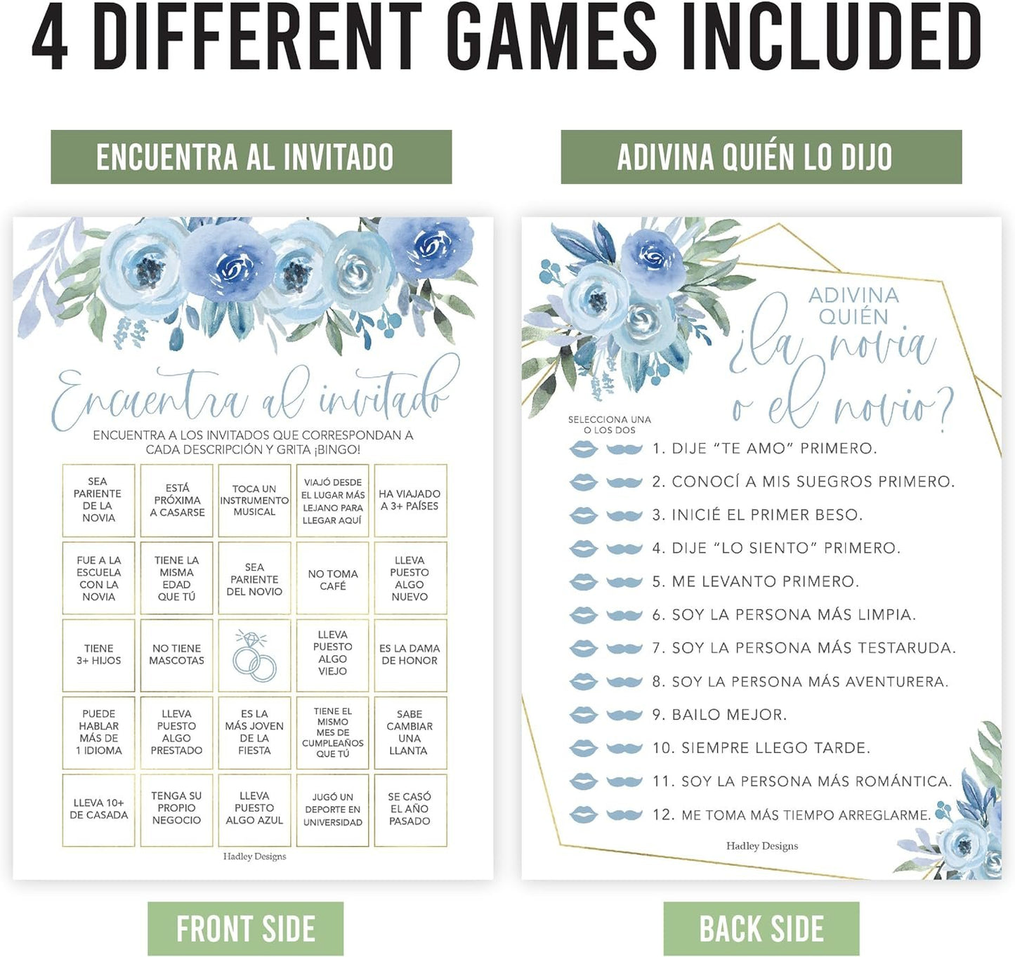 Dusty Blue Spanish Bridal Shower Games 20 Guests - Juegos Para Despedida De Soltera En Español, Wedding Shower Games, Bridal Shower Bingo In Spanish, Popular Bridal Shower Games Spanish Edition