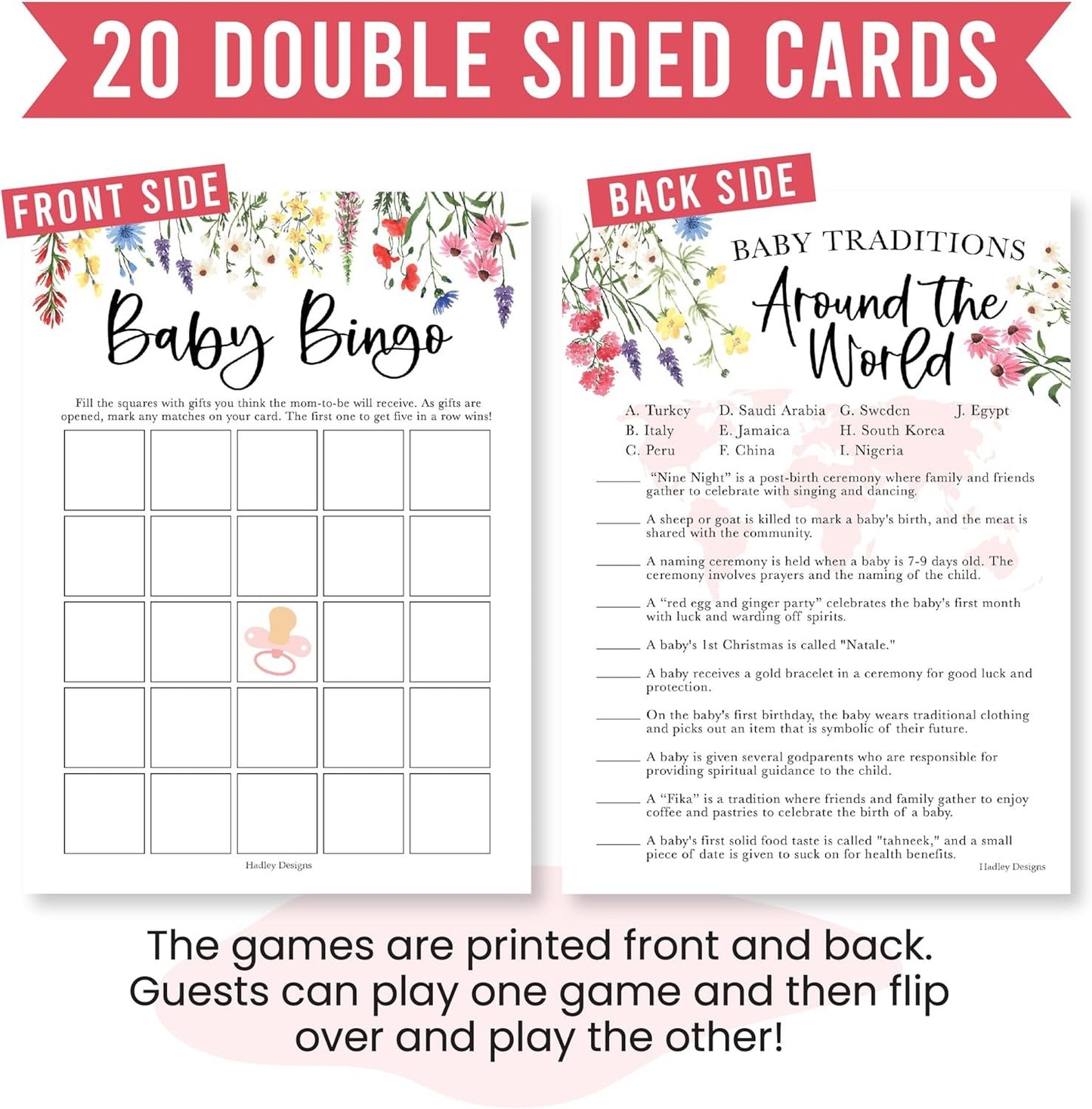 20 Floral Baby Shower Games For Girl - Hilarious Baby Shower Games Girl, Baby Games For Baby Shower Bingo Game Girl, Baby Girl Baby Shower Tradition Cards, Baby Girl Baby Shower Games Funny