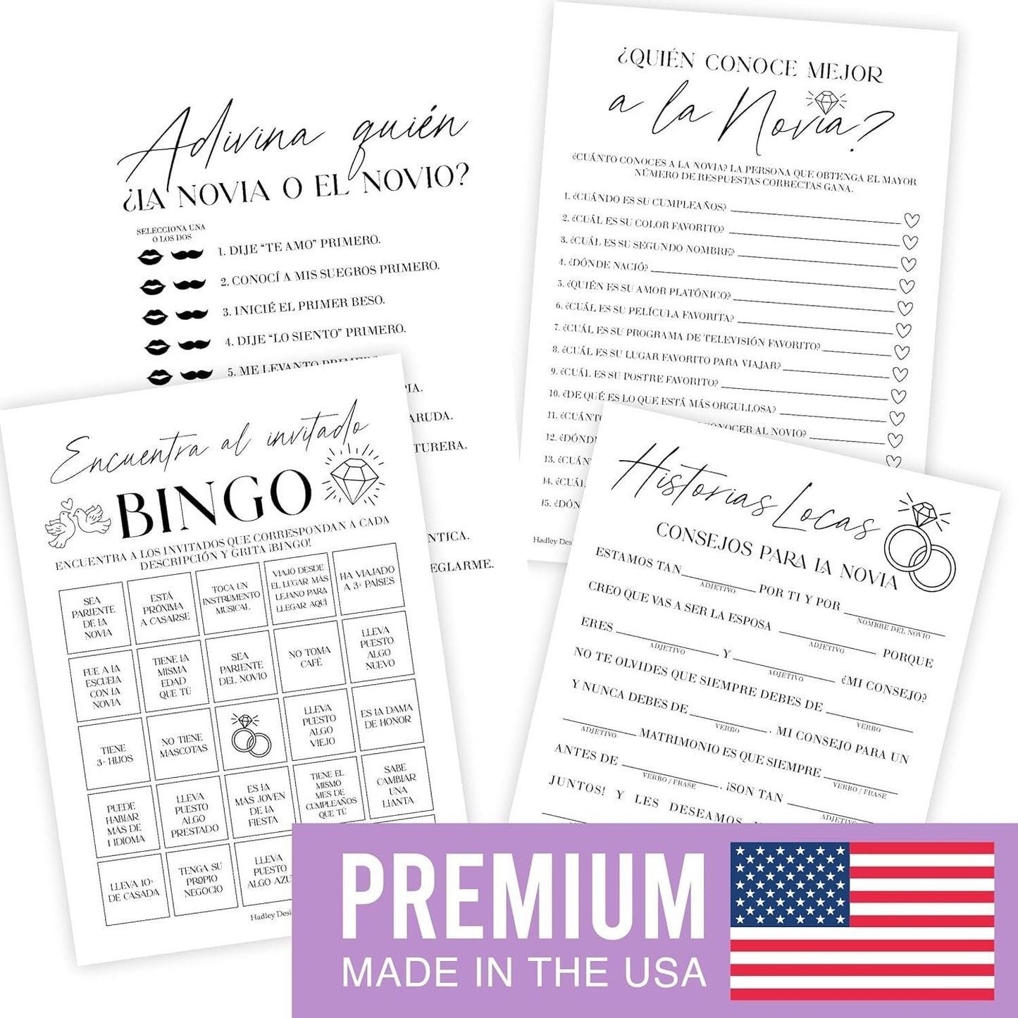 Spanish Bingo, Trivia, Mad Libs | Set of 20 | Spanish Bridal Shower Games