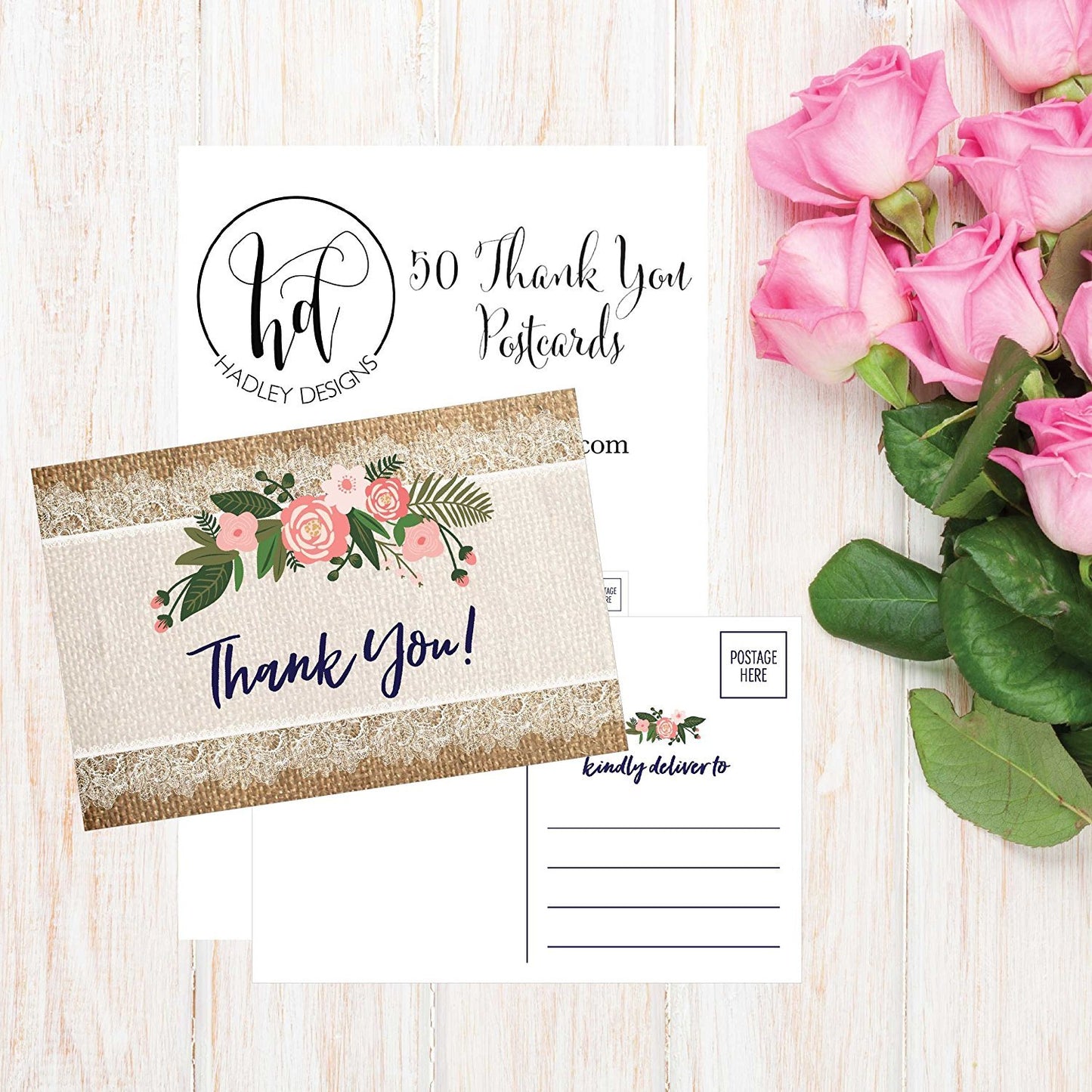 50 4x6 Rustic Flower Thank You Postcards Bulk, Cute Kraft Floral Watercolor Note Card Stationery For Wedding, Bridesmaid, Bridal or Baby Shower, Teachers, Appreciation, Religious, Business, Holiday