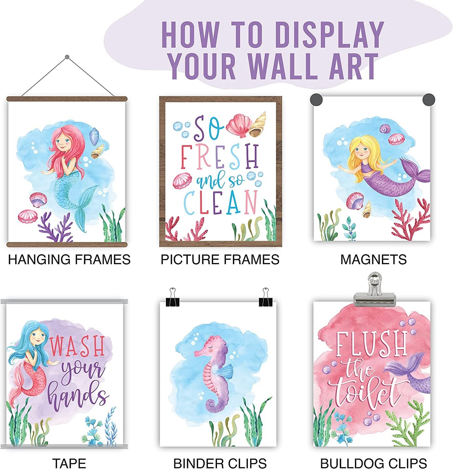 Kids Bathroom Wall Art | Set of 6 Reversible Prints | Home Decor