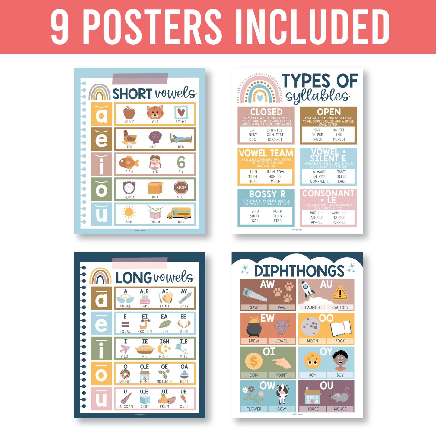 Boho Muted Phonics & Vowel Posters | Set of 9 | Educational Posters