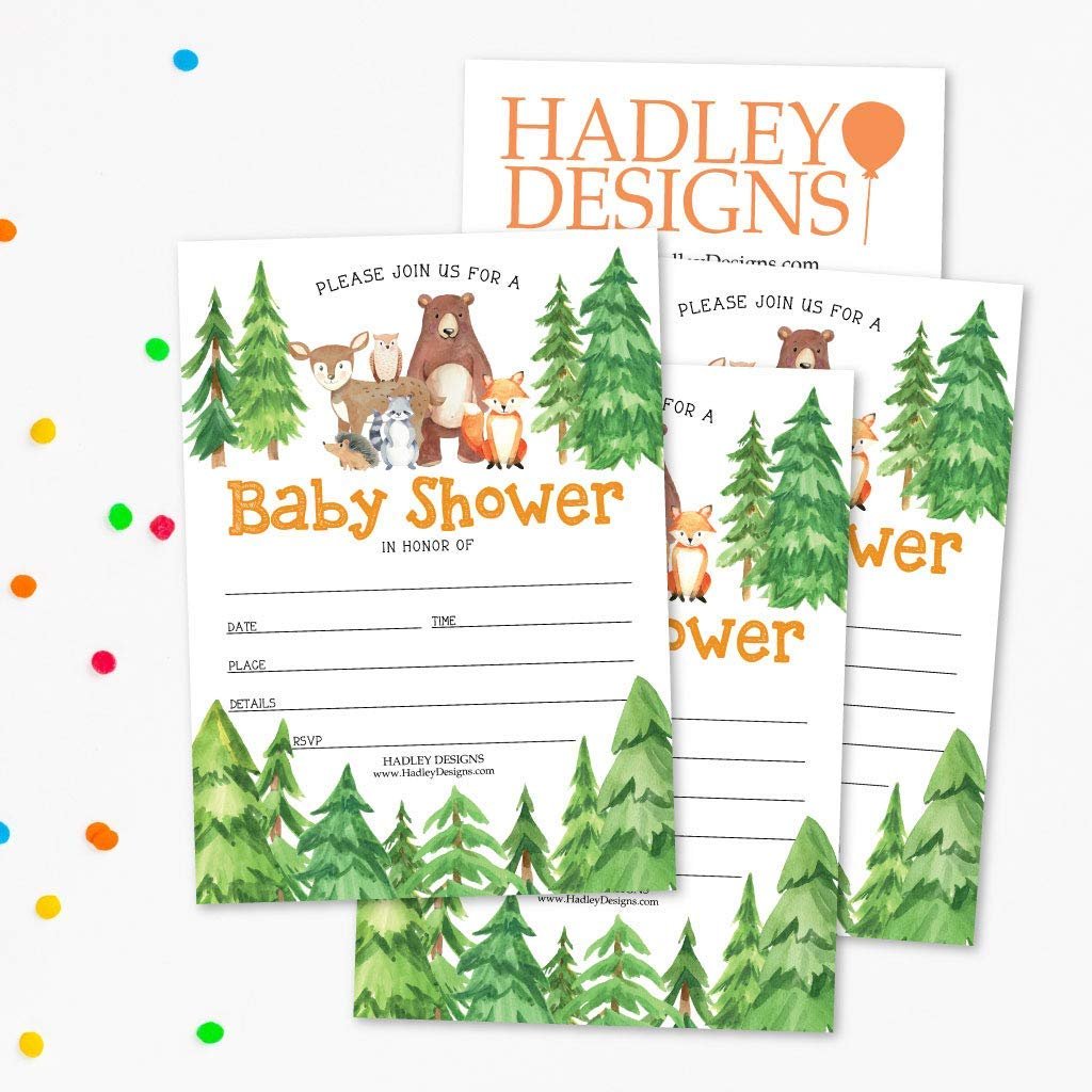 25 Woodland Animals Baby Shower Invitations, Sprinkle Invite for Boy or Girl, Coed Rustic Gender Reveal Neutral Theme, Cute Deer Bunny Fox Fill Write in Blank Printable Card, Bear Party DIY Supplies