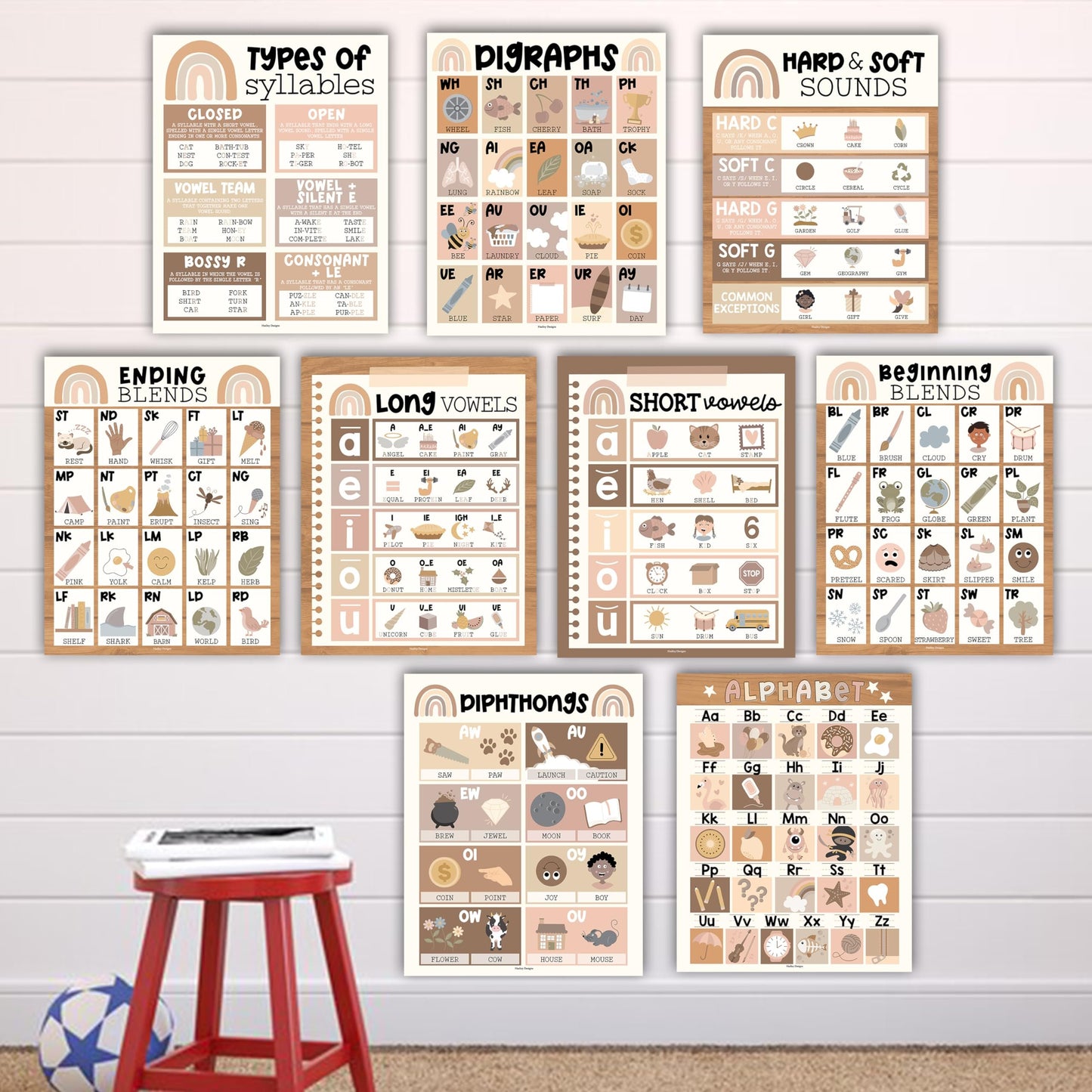 Boho Neutral Phonics & Vowel Posters | Set of 9 | Educational Posters