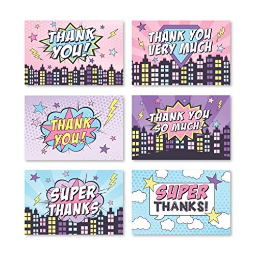 Pink Superhero Folded Thank You Cards | Set of 24 | Kid's Party